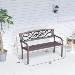 Resenkos Garden Bench, Patio Bench,50" Outdoor Bench, Metal Garden Bench with Floral Pattern Backrest, Porch Bench, Brown Brown, Black