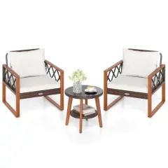 Costway 3 PCS Patio PE Wicker Furniture Set with Solid Acacia Wood Frame & Cushions