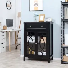 HOMCOM Kitchen Cabinet, Storage Cabinet, Sideboard Floor Accent Cabinet w/ 2 Glass Doors, Drawer, Adjustable Shelves for Living Room Entryway, Black