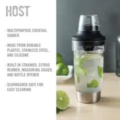 HOST All in One Cocktail Shaker Set|5 in 1 Tool - Jigger Cap|Strainer|Reamer|Stainless Steel Bottle Opener and Oz and mL Markers 18 oz Capacity, Clear