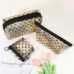 Unique Bargains Nylon Heart Shape Print Mesh Clear Makeup Bags 3 Pcs