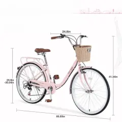 INFURNIC Bicycles, 26 Inch Ladies Bicycle with Basket, Commute Bicycle Women Ladies, Pink, 66.93"*24.8"*41.34"