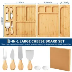 GustoWave 3-in-1 Large Cheese Cutting Board Set, Bamboo Food Cutting Board Gift Set with Knife Set, Party Dessert or Deli Cutting Board Set