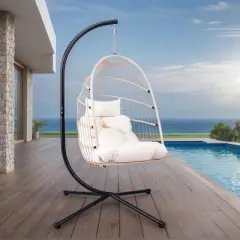 FIONECA Off-White Outdoor Hanging Egg Chair with Stand &uml;C Wicker Swing for Patio & Indoor Spaces