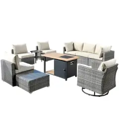 Venice 10pc Wicker Outdoor Patio Furniture Set Conversation Sofa with a Storage Fire Pit, Swivel Chair and Cushions
