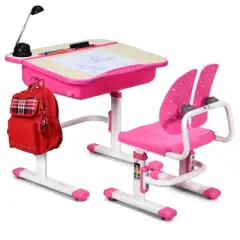 Costway Adjustable Children Study Desk Chair Set w/Winged Backrest Pink