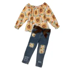 Girls Girls You're My Sunshine Patched Jeans Set - Mia Belle Girls