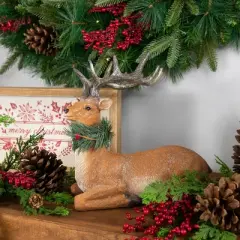 Northlight Glittered Sitting Deer with Pine Neck Wreath Christmas Decoration - 10"