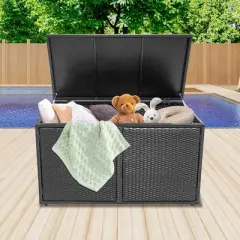 WELLFOR 88gal Outdoor Patio Garden Rattan Storage Box Black