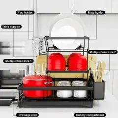 SEVOBAL 3-Tier Dish Drying Rack Drain Board Tray Dish Rack Utensil Cutting Board Holder Kitchen Organizer Kitchen Counter, Black, 16.97"*11.7"*5.66"
