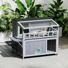 SEVOBAL Pet Crates and Houses Wooden Cat Catio with Platforms Sunshine Board Hammock Door Kitten Cage Condo for Outdoor, Gray, 39"*33"*64"