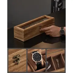 Watch Box, 6-Slot Watch Case, Solid Wood Watch Box Organizer with Glass Lid, Watch Display Case with Removable Pillows, Gift, Rustic Walnut
