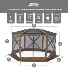 CLAM Quick Set Escape 11.67 x 11.67 Foot Portable Pop-Up Outdoor Camping Gazebo Screen Tent Canopy with Sky Screen, Ground Stakes and Carry Bag, Brown