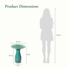 LuxenHome 23" Elegant Tall Ceramic Bird Bath for Outside with Floral Pattern, Jade Green