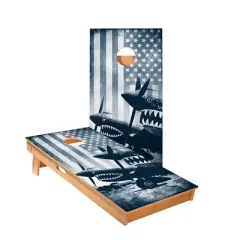 Skips Garage Vintage Black And White American Flag Plane Cornhole Boards - ACA Star Series