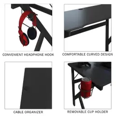 Lavish Home Gaming Computer Desk with Cup Holder, Headphone Hanger, Cable Management, Black