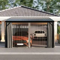 FUFU&GAGA Modern Wall Outdoor Patio Gazebo with Galvanized Steel Hardtop Aluminum Frame, Removable Curtains & Deep Gray Mosquito Netting