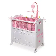 Badger Basket Cabinet Doll Crib with Chevron Bedding and Free Personalization Kit - White/Pink