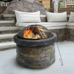 27" Round Natural Stone Wood Burning Fire Pit with Steel Base - Teamson Home