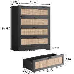 4 Drawer Dresser for Bedroom, Rattan Chest of Dressers, Modern Wood Tall Dresser with Power Outlets
