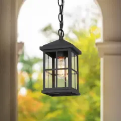 10.5" Metal/Glass Square Cage Modern Outdoor Pendant Light Black - LNC