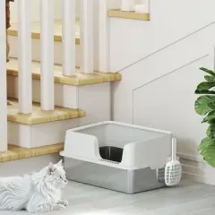 PawHut Stainless Steel Litter Box, XL Enclosed Cat Litter Box for Big Cats with High Side, Scoop, Easy Cleaning & Anti-Urine Leakage, Light Gray