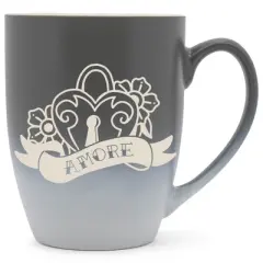 100 North Floral Heart 10 Ounce Gray and White Two Toned Ombre, Comfortably Fits Your Hands, Ceramic Tea Coffee Cup Mug, Amore