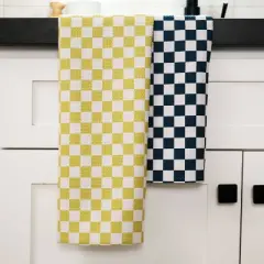 Geometry Tea Towel Set Lila: Modern Gingham Check, Quick Dry Microfiber, 2-Piece Kitchen Textile, Off-White/Black/Green