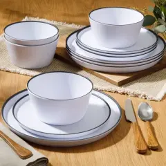 Gibson Home Folsom Shores 12 Piece Melamine Dinnerware Set in White w/ Black Rim