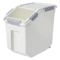 HANAMYA 25 Liter Food Storage Lidded Container with Handle, Wheels, and Measuring Cup for 40 Pounds of Rice or 27 Pounds of Pet Food, White (Set of 2)