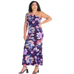 Womens Plus Size Purple Floral One Shoulder Rouched Mermaid Maxi Dress