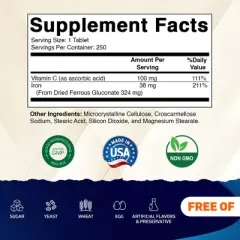 Ferrous Gluconate 324 mg + Vitamin C 100 mg (65 mg Elemental Iron) &ndash; 250 Coated Tablets