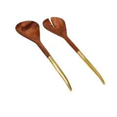 Classic Touch S/2 Wooden Salad Servers with Gold Handle