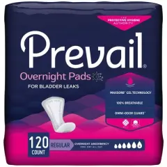 Prevail Female Incontinent Pad Overnight 16" L PVX-120, Overnight, 120 Ct