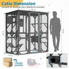 Jojoka 70 Inch Large Walk-in Outdoor Catio Cat Enclosure with Window Access, Roof, Resting Boxes, Hammock, Scratching Post, Grey