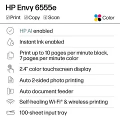 HP Envy 6555e Wireless All-in-One Color Printer Scanner Copier with 3 Months Free Instant Ink (714N5A): Inkjet, macOS/Windows Compatible