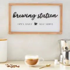 Farmlyn Creek Brewing Station Sign for Kitchen, Wooden Farmhouse Coffee House Bar Wall Decor with Hooks, 16 x 9 In