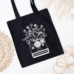City Creek Prints Camera And Wildflowers Canvas Tote Bag - 15x16 - Black