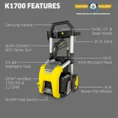 Karcher K1700 Electric Pressure Washer, 1700 PSI, 1.2 GPM, CETA Certified