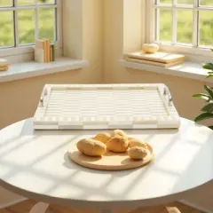 SEVOBAL Serving Platters 2 Set Handcrafted Checkered Serving Trays with Elegant Bone and Resin Set with Handles for Dining, Yellow, 18"*14"*2.5"