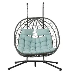 CAVINAS Swing Chair Outdoor with Stand, Patio Wicker Hanging Egg Chair, Outdoor Swing Chair Hanging Basket Chair, Light Gray