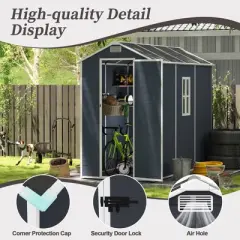 4*8ft resin storage shed, high quality pp material, strong structure, waterproof, rust and UV proof, large storage space,HD window lighting Dark gray