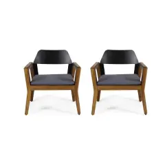 Christopher Knight Home Soho Outdoor Acacia Wood and Iron Club Chairs with Cushion (Set of 2), Black/Dark Gray