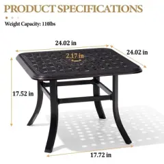 Crestlive Products Cast Aluminum Patio Side Table Outdoor Square Anti-Rust with Umbrella Hole Coffee Bistro Table  24&rsquo;&rsquo; Black with Bronze Spot