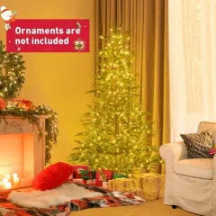 Costway 6.5 FT/7.5FT Pre-Lit Christmas Tree Hinged with 470/612 PE Branch Tips Timer & 430/540 Lights