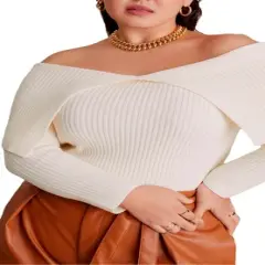 ELOQUII Women&rsquo;s Plus Size Ribbed Off The Shoulder Sweater