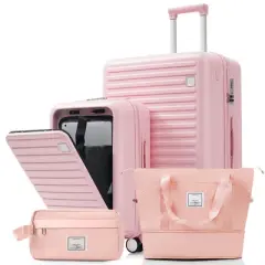MOEPISY 4-Piece Luggage Set with USB Charging Ports - 20in Carry-On (Front-Opening for Laptop) 28in Checked Suitcase pink