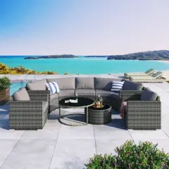FIONECA 9-Piece Half-Moon Patio Sofa Set, Outdoor Round Wicker Sectional with Coffee Tables & Cushions, Gray