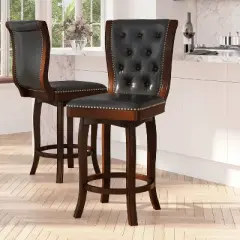 Merrick Lane Wood Stool in with Button Tufted Faux Leather Seat and Back and Footrest