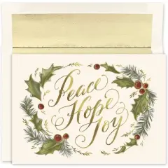 Masterpiece Studios Holiday Collection 16-Count Boxed Christmas Cards With Foil-Lined Envelopes, 7.8" x 5.6", Peace Hope Joy (941400)